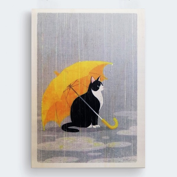 Şemsiyeli Kedi İllüstrasyon Ahşap Baskı Tablo