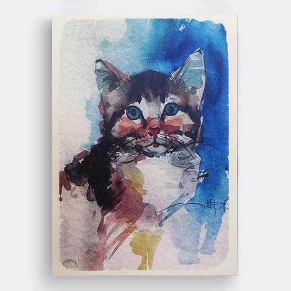 Kedi Sulu Boya İllüstrasyon Ahşap Baskı Tablo