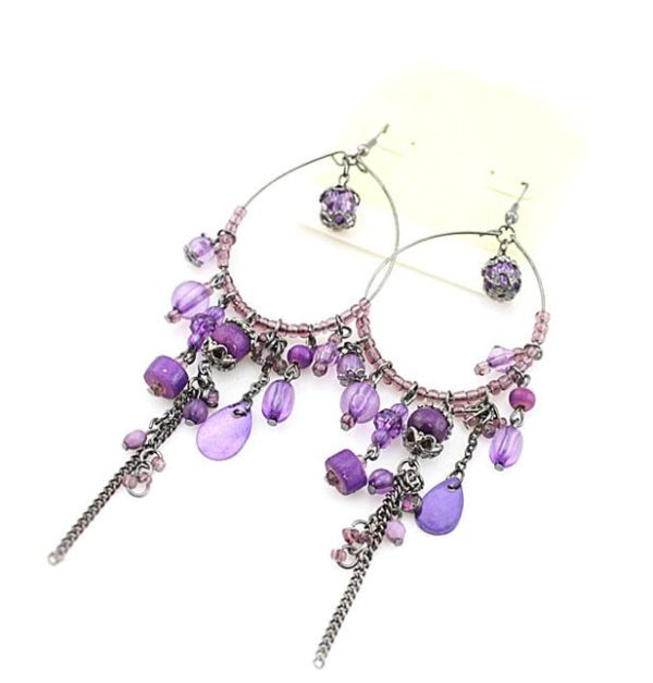 Retro Dökümlü Küpe   Mor Taşlı