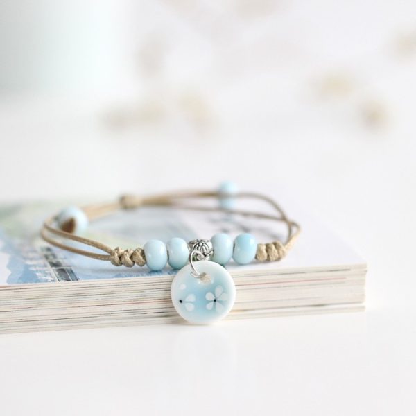 Seramik Bileklik   Çiçek Desenli Mavi