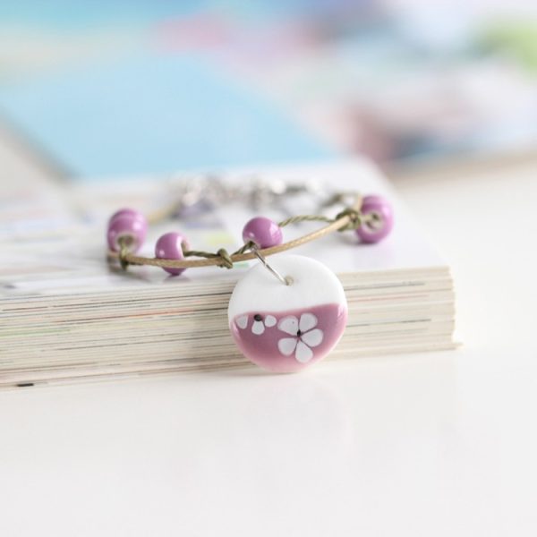 Seramik Bileklik   Çiçek Desenli Mor