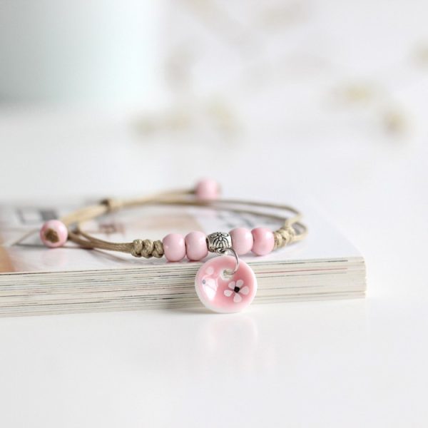 Seramik Bileklik   Çiçek Desenli Pembe