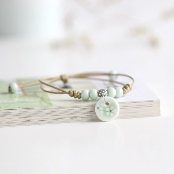 Seramik Bileklik   Çiçek Desenli Yeşil