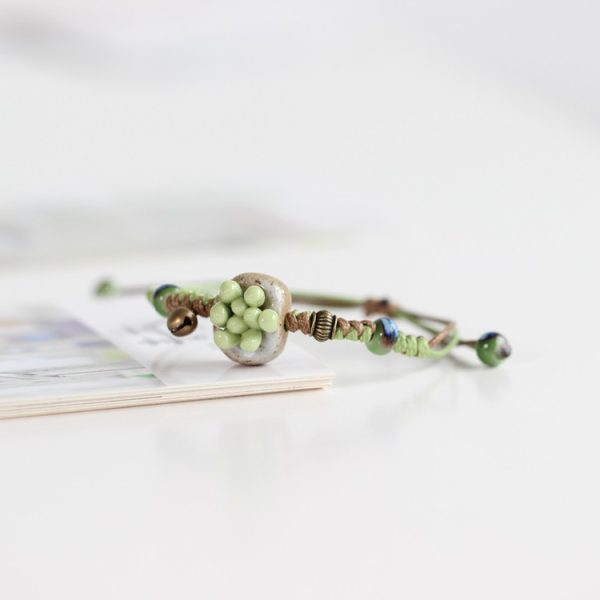 Seramik Bileklik   Yeşil Çiçek Desenli El Örgüsü